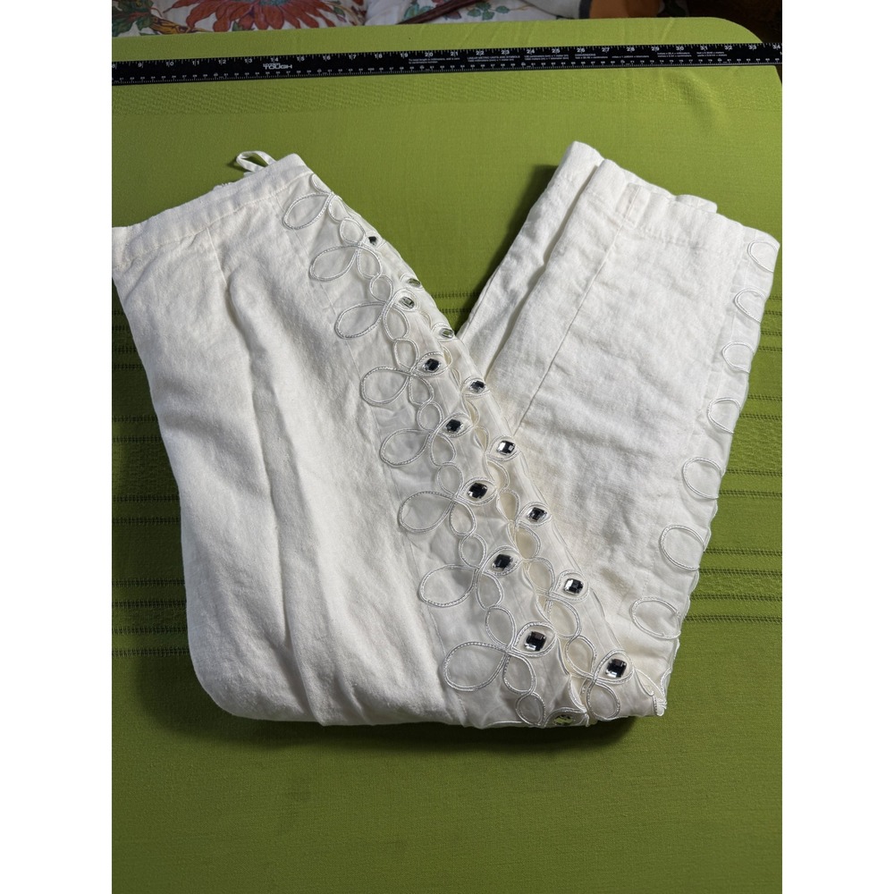Ashro Womens White Linen Cotton Rhinestone Embroidered Straight Leg Pants Size 8